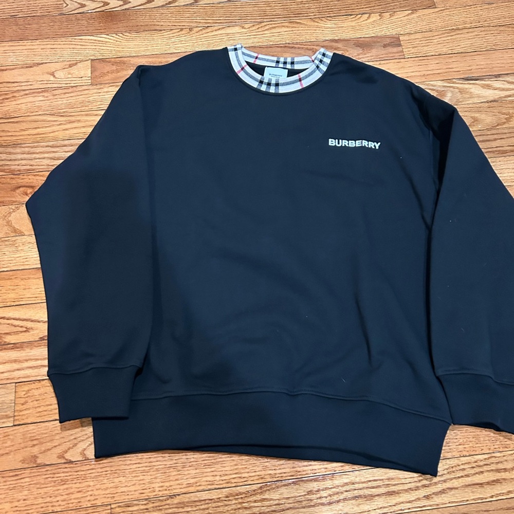 Burberry Black Crewneck Sweater with Plaid Accent